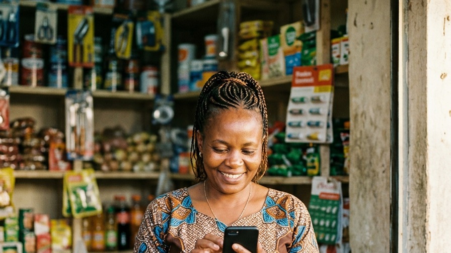 A shop owner smiling at her phone in her store
